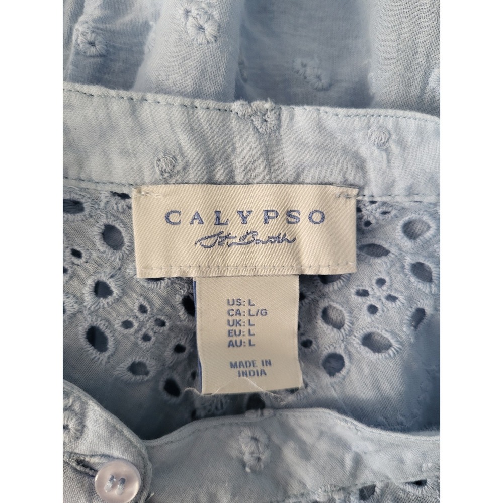 Calypso St Barth Swiss Dot Embroidered Blue Eyelet Lace Cotton Blouse Large Boho - Picture 3 of 13